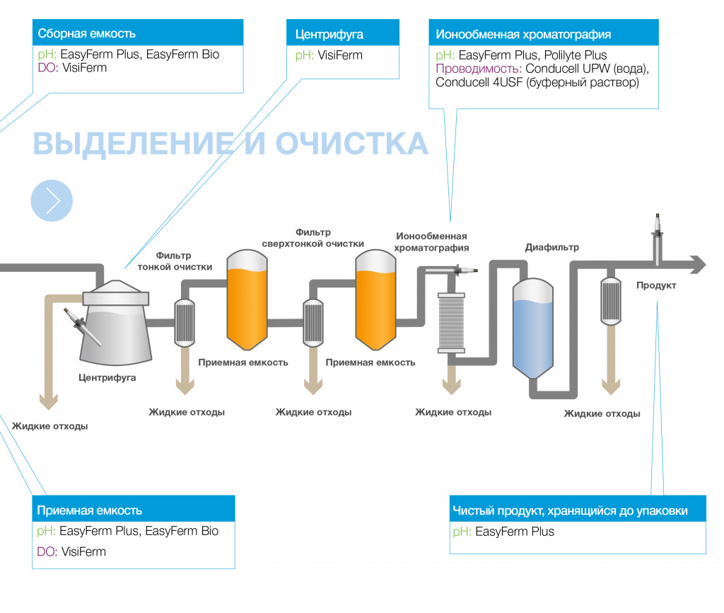 На данной схеме представлен биотехнологический процесс с этапами культивирования, выделения и очистки биомассы. На этапе культивирования, помимо рН и электропроводности, важно также измерять плотность жизнеспособных клеток и общую плотность клеток в биореакторе для контроля роста клеток. Наиболее достоверная информация получается на лаг-фазе, а также фазе активного роста, до начала массовой гибели клеток. Также важно проводить измерение растворенного кислорода. Недостаток кислорода ведет к апоптозу или анаэробному разложению, существенно снижающему жизнеспособность клеток и выход продукта