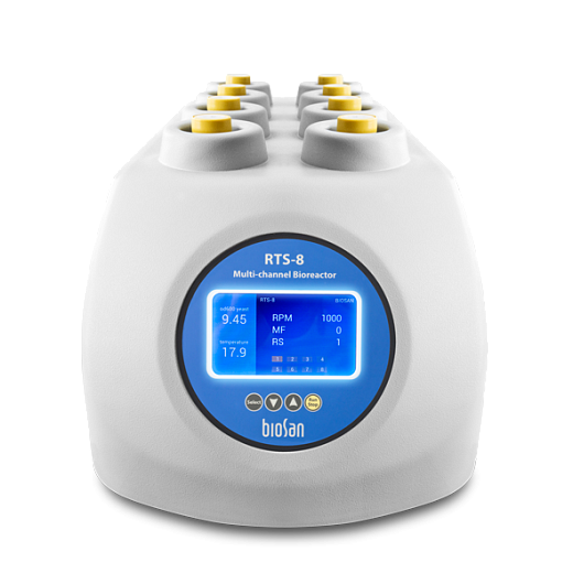 Биореактор бактериальный, пластиковая пробирка 50 мл, нагрев, охлаждение, перемешивание Reverse-Spin, оптическая плотность, 8 параллельных пробирок, RTS-8, Biosan