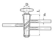 Кран химический, двухходовой, линейный, с пробкой с двойным косым отверстием, диаметр 4,0 мм, стекло